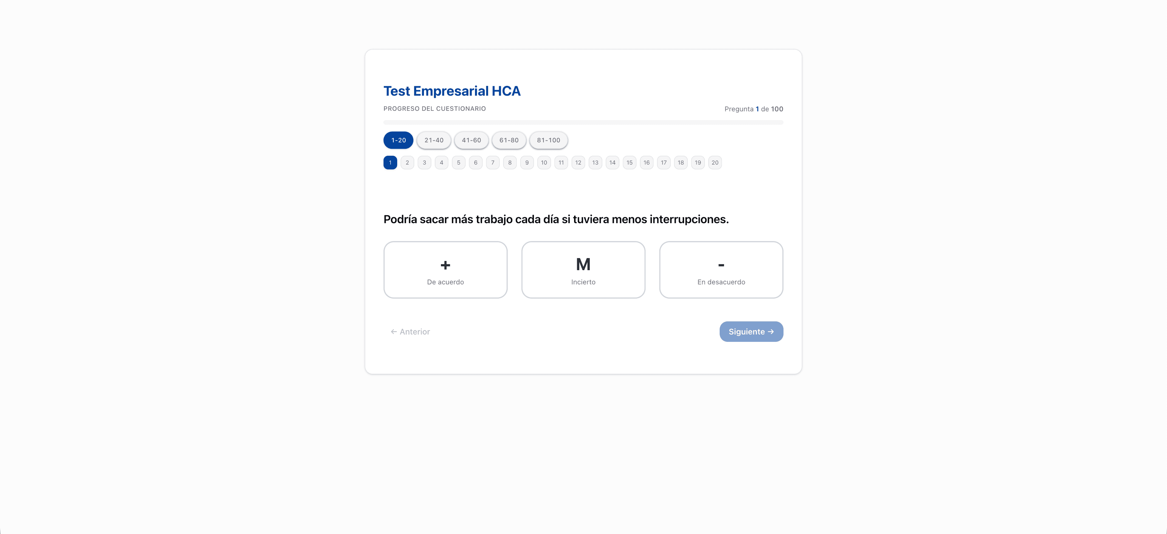 Flujo del cuestionario de 100 preguntas
